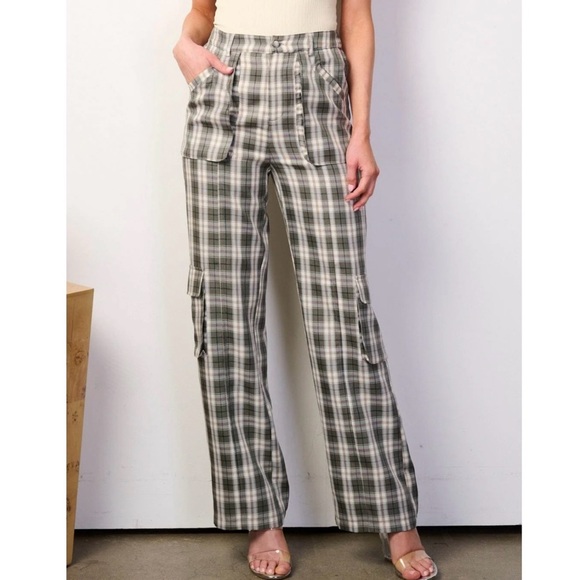 Women Plaid High Waist Wide Leg Multi Check Cargo Green Pants KLESIS - Picture 2 of 10